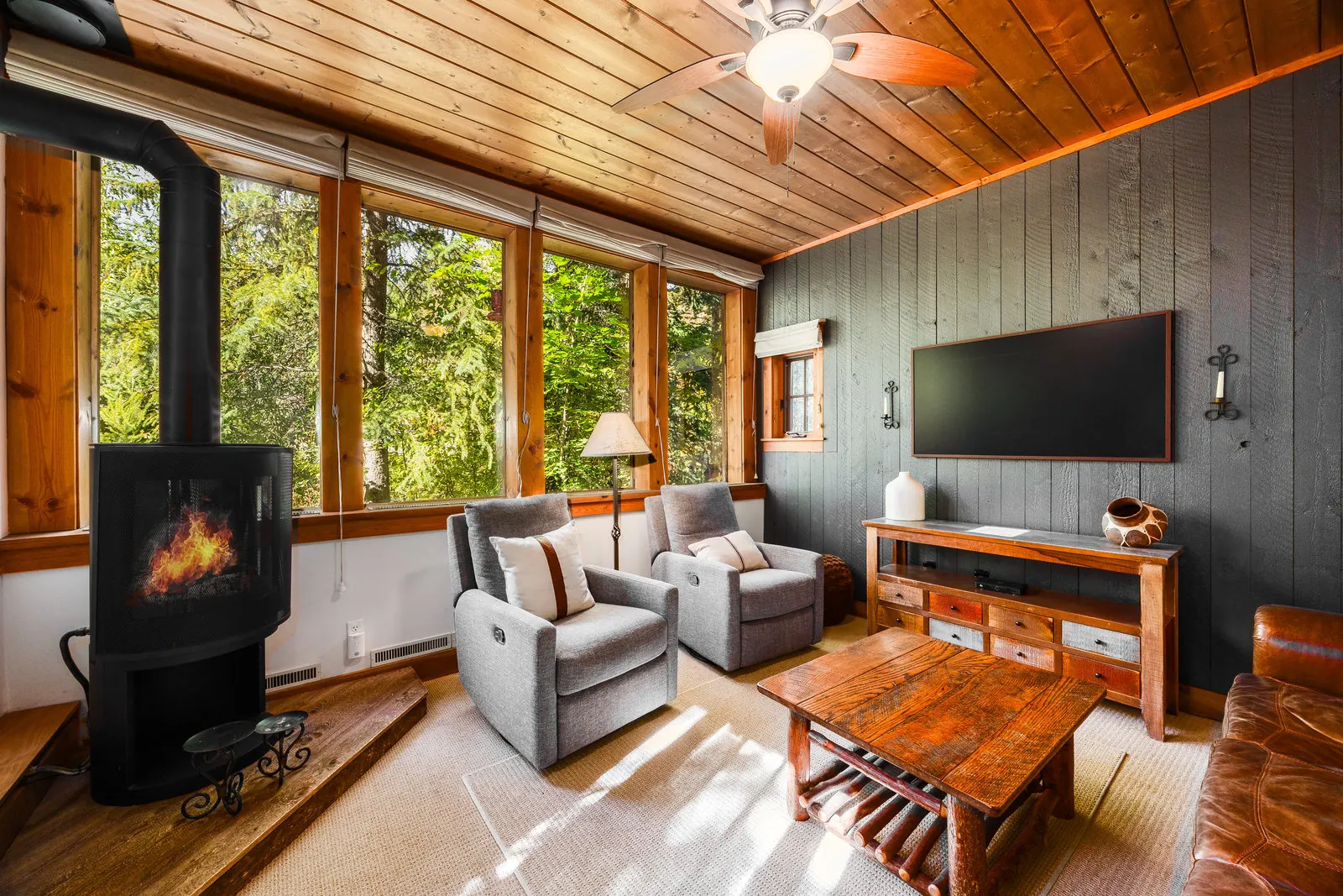 Cedar-ceilinged living room with gas fireplace in Lower Hollow, a 2-bedroom Sundance condo rental