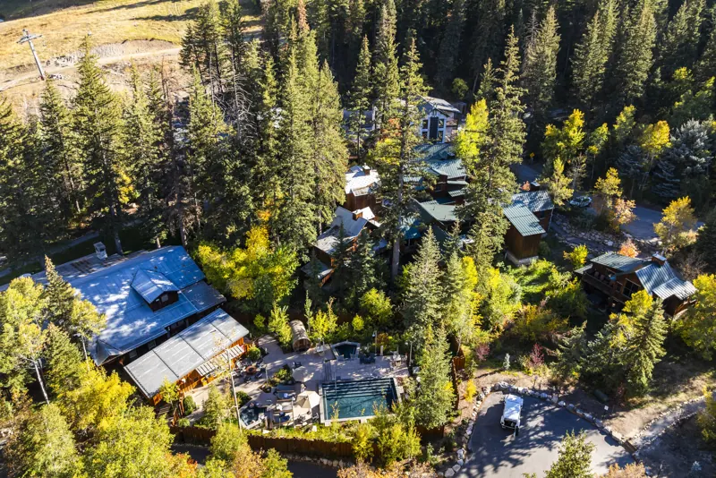 Drone view of The Springs pools and the Pines at Sundance